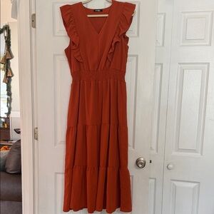 Elegant Rust Midi Dress with Ruffle Details